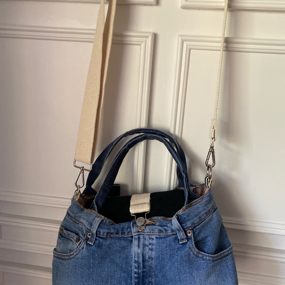 Stylish Denim Crossbody Bag with Cream Strap